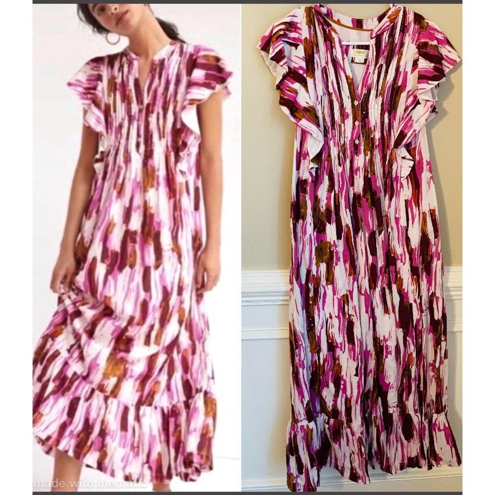 Maeve Anthropologie Cassandra Tiered Maxi Dress Size S Pink White Print